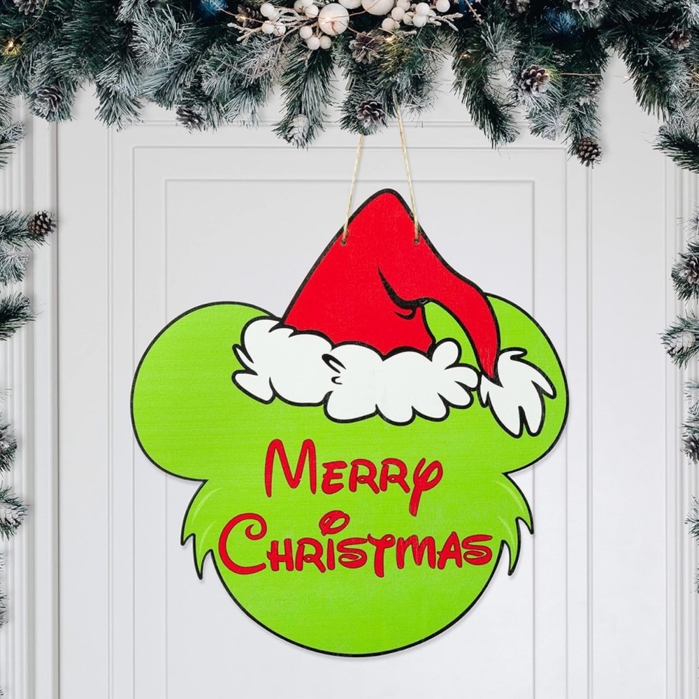 New! Green Mickey Christmas Wooden Hanging Door Sign with Grinch Mouse Pattern